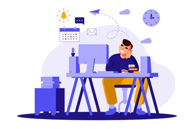 Illustration of a professional working flexibly at a desk