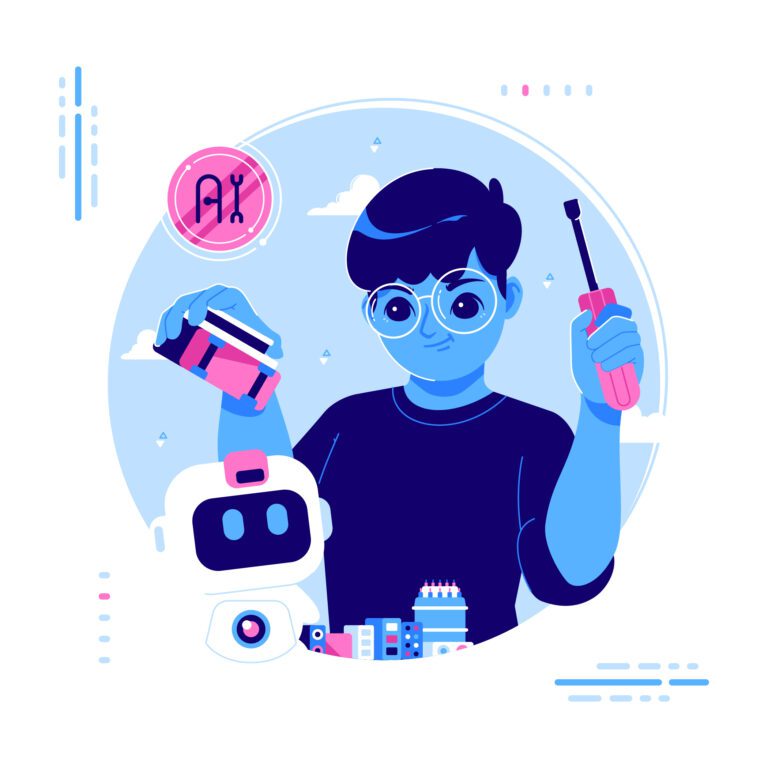 Illustration of an AI creator with a robot and creative tools